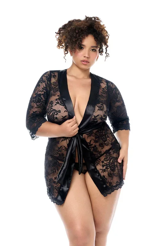 Rebel Misfit Lace Robe with Matching Thong, Black, Queen O/S