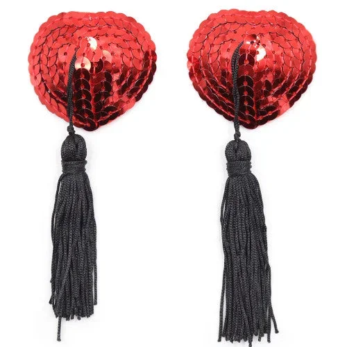 Red Heart Burlesque Sequin Nipple Black Tassels