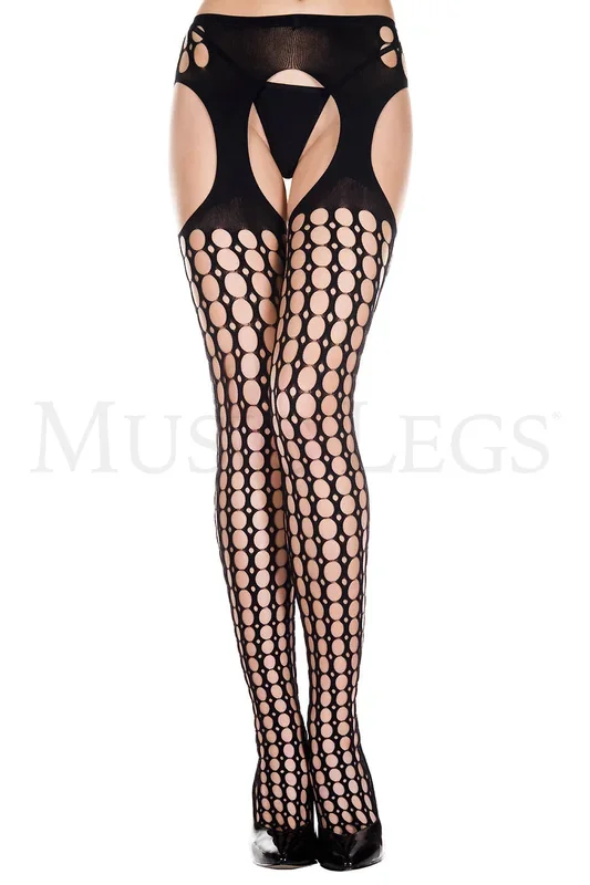 ROUND HOLES PATTERN SUSPENDER PANTYHOSE – BLACK