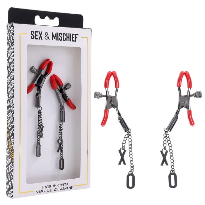 S&M Exs & Ohs Nipple Clamps – Red Tipped Metal Nipple Clamps – Set of 2