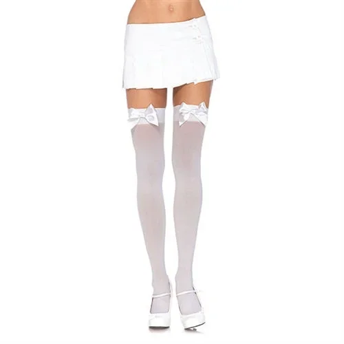 Satin Bow Opaque Thigh Highs – Queen Size – White