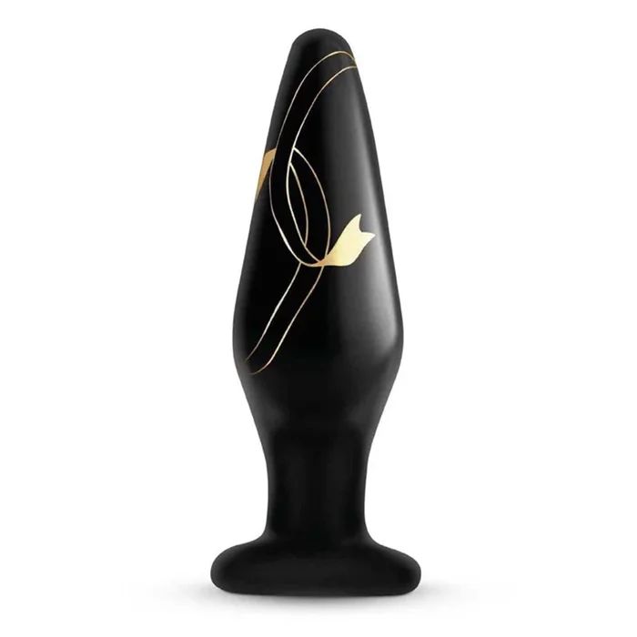 Secret Kisses Handblown Wide Glass Anal Plug 4.5in – Black/Gold
