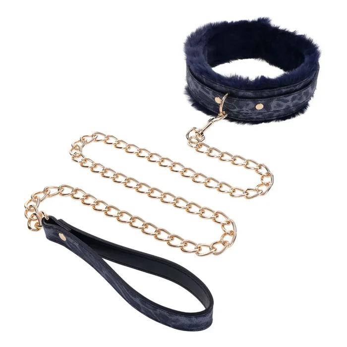 Sex & Mischief Cougar Fur Collar & Leash – Navy Blue/Gold Furry Restraint