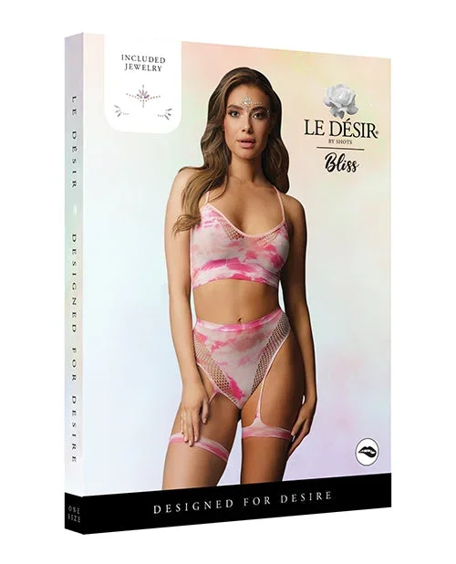 Shots Bliss Bra & Panty Leg Garter w/Face Jewelry Multi O/S