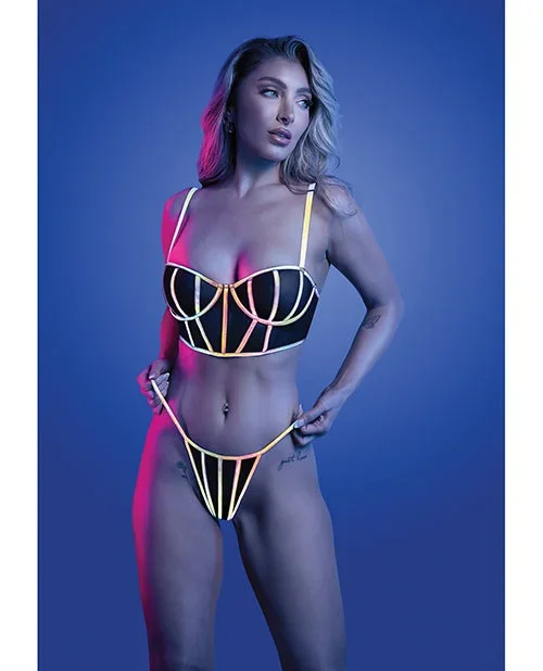 Solar Flare Flash Reflective Binding Underwire Bra & Thong Set – Black L/XL