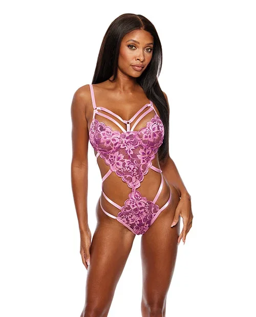Strappy Floral Lace Teddy – Pink XL