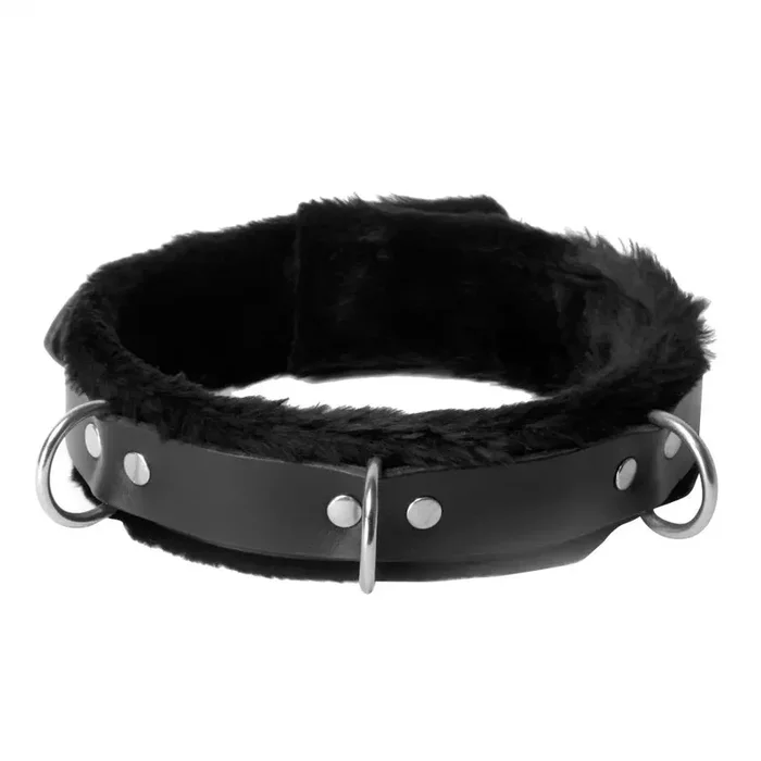 Strict Leather BDSM Collar Narrow Fur Lined Locking Bondage Collar