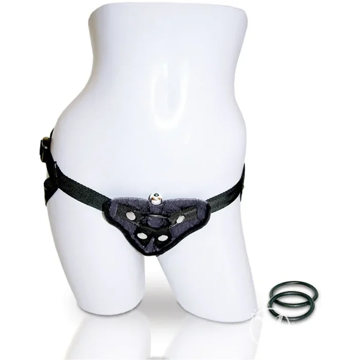 Vibrating Black Velvet Strap-on – Harness w/ O Ring Bullet Vibrator