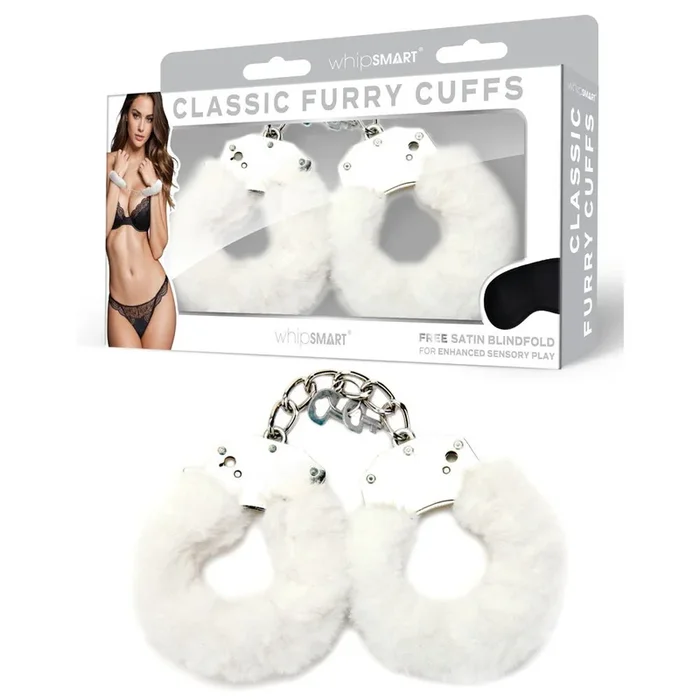WhipSmart Classic Furry Cuffs – White – White Furry Restraints with Bonus Eye Mask