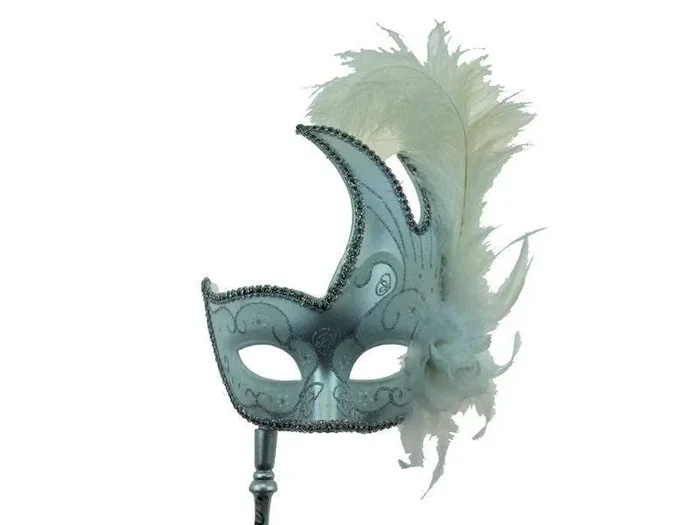 White Silver Venetian Mask With Stick
