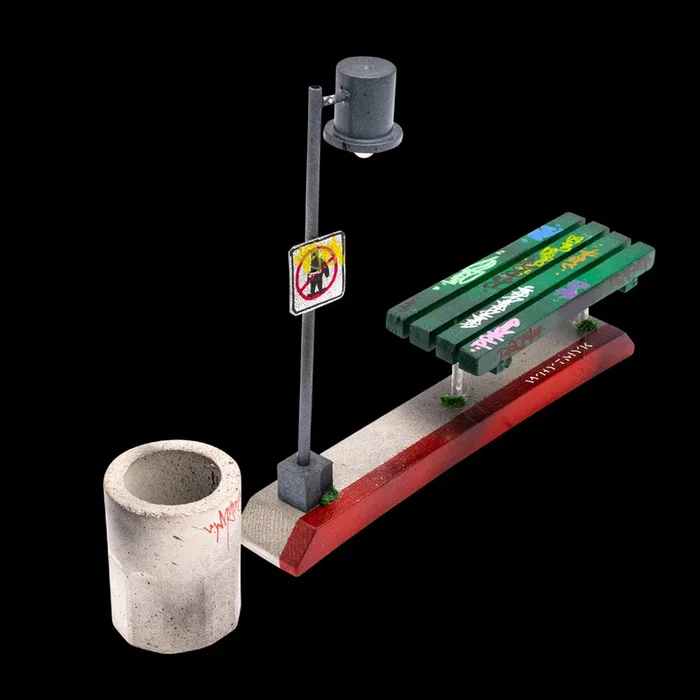 WhytMykConcrete Fingerboard Ramp – Bus Spot w/ Street Light and Trash Can