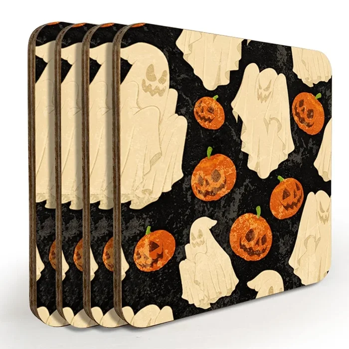 Wooden Coasters – Halloween Ghost Design – Set of 4 w/ Coaster Caddy