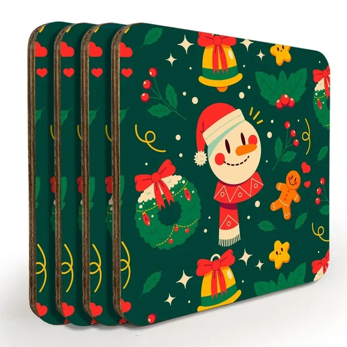 Wooden Coasters – Snowman Pattern – Set of 4 W/ Coaster Caddy