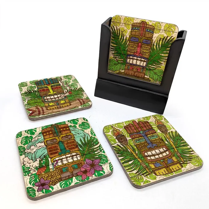 Wooden Coasters – Tiki Men – Set of 4 w/ Coaster Caddy