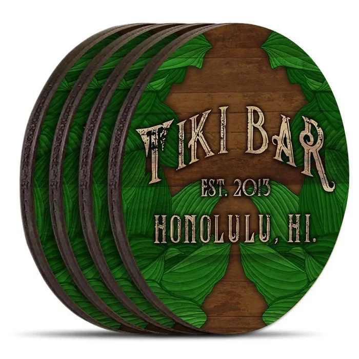 Wooden Round Coasters – Customizable – Tiki Leaves – Set of 4