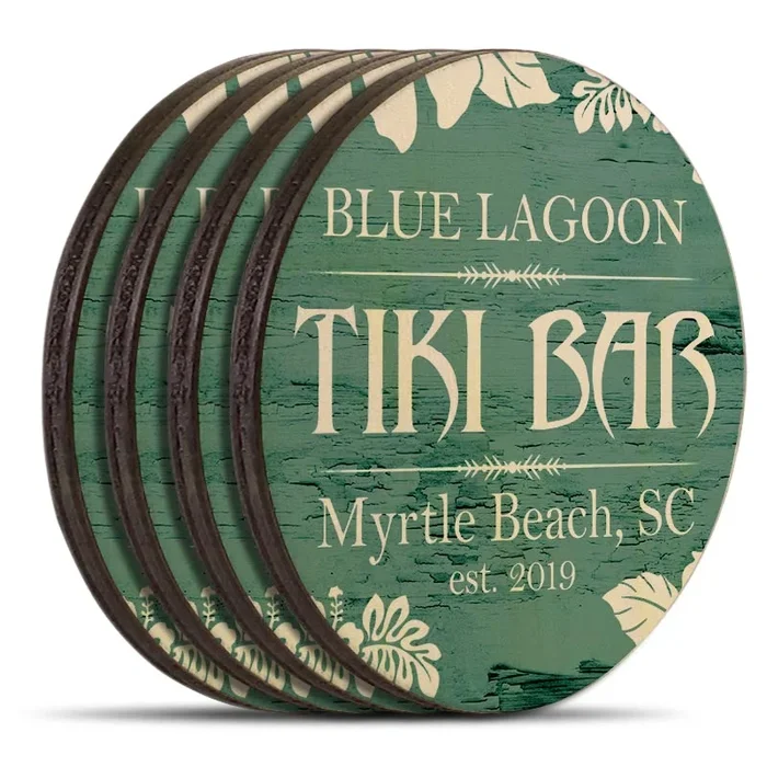 Wooden Round Coasters – Customizable – Tiki Theme – Set of 4