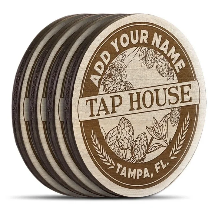 Wooden Round Coasters – Customizable Engraved – Tap House Theme – Set of 4