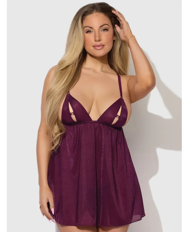 Yasmine Shimmer Mesh O-Ring Slit Cup Babydoll & G-String Set – Burgundy LG