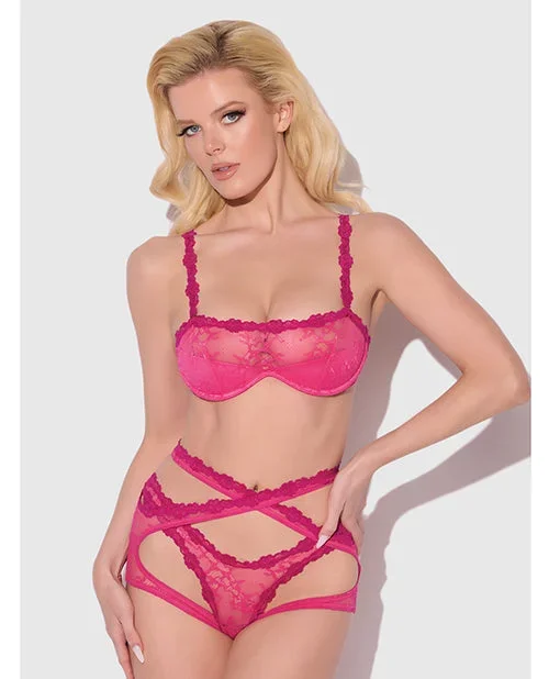 Yvone Lace Bra w/Removable Straps, Garter & Tanga Panty 3 pc Set – Pink XL