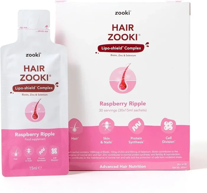 Zooki Liposomal Hair Nutrient Complex with Biotin, Zinc & Selenium, Raspberry Ripple Flavour 30x15ml liquid sachets