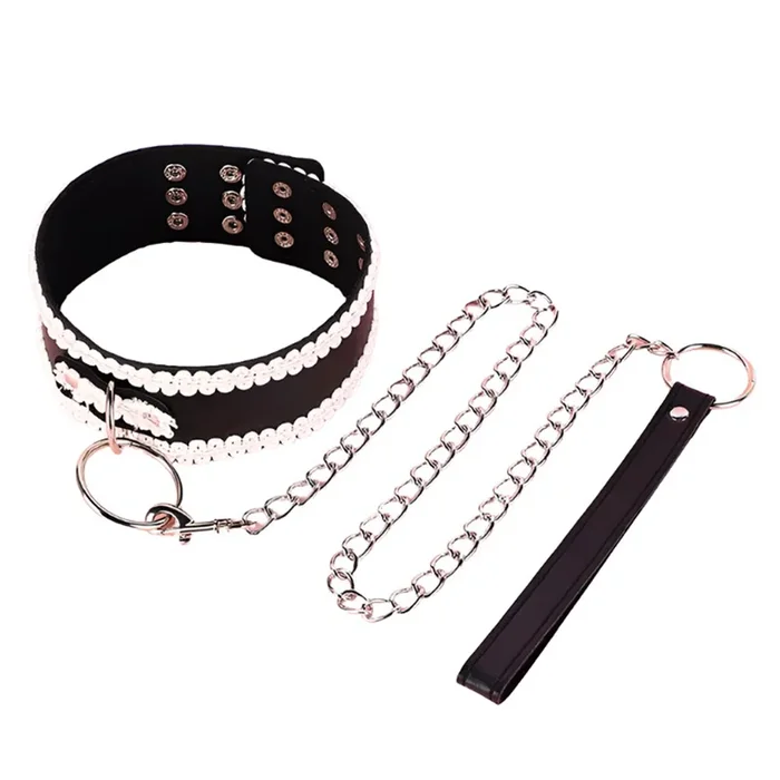 ZYL Lace Applique Faux Leather Collar & Chain Leash